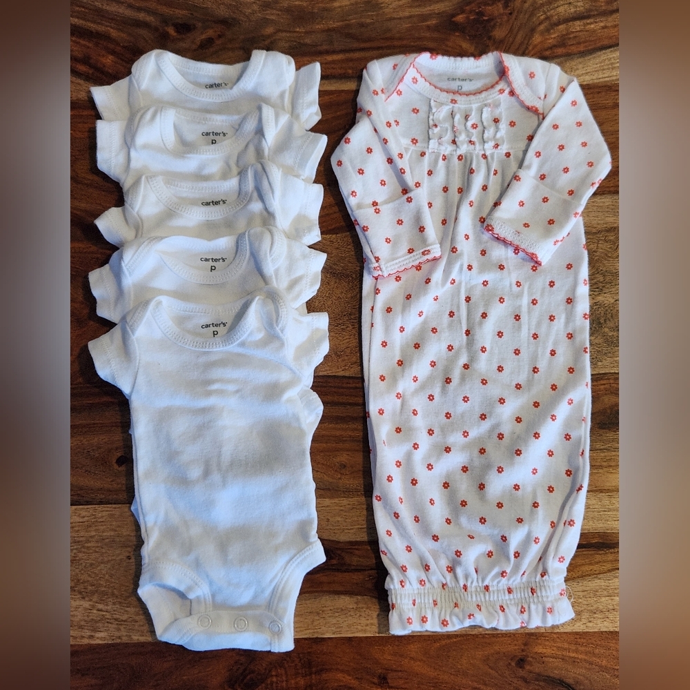 Carter's Bundle 5 White Bodysuits and A Sleeper Gown NWOT